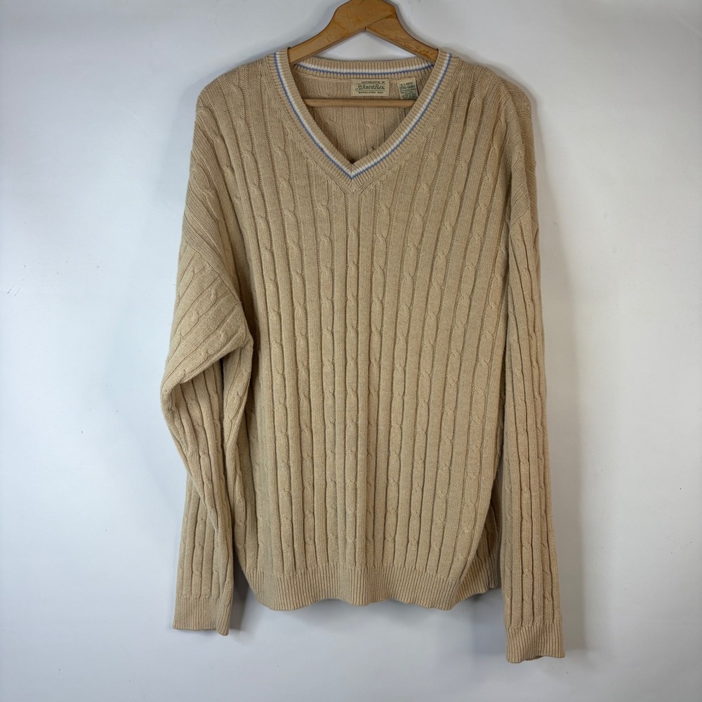 VTG St. Johns Bay Sweater Mens XL Tan Cable Knit V-Neck Ramie Cotton Pullover